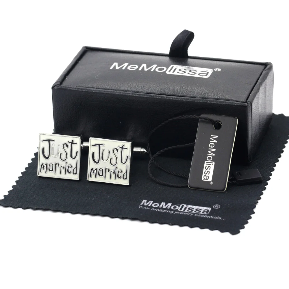 

MeMolissa Display Box Cufflinks Classic Just Married Text Design Wedding Male Cufflinks White with Black Free Tag & Wipe Cloth