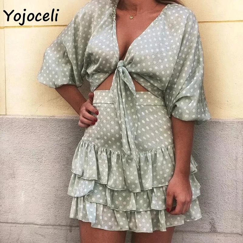 Yojoceli bean зеленая юбка в горошек с оборками для женщин 2019 летняя Милая уличная мини