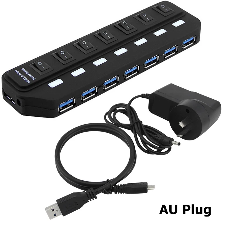 7 Ports with AU Plug Высокая Скорость usb-хаб 3,0 4/7 Порты и разъёмы USB 3,0 концентратор 5 Гбит/с разветвитель на переключатель включения/выключения на соответствие стандарту ЕС/США/AU/UK Мощность адаптер для MacBook ноутбука ПК - Цвет: 7 Ports with AU Plug