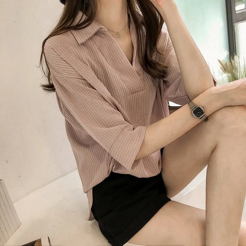 Плюс Размеры 4XL новые модные женские туфли Рубашка в полоску Блузка 2018 летние