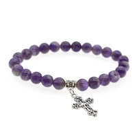 purple pink quartz stone cross bracelet 8mm beaded natural chakra lava bracelets pulsera mujer hombre