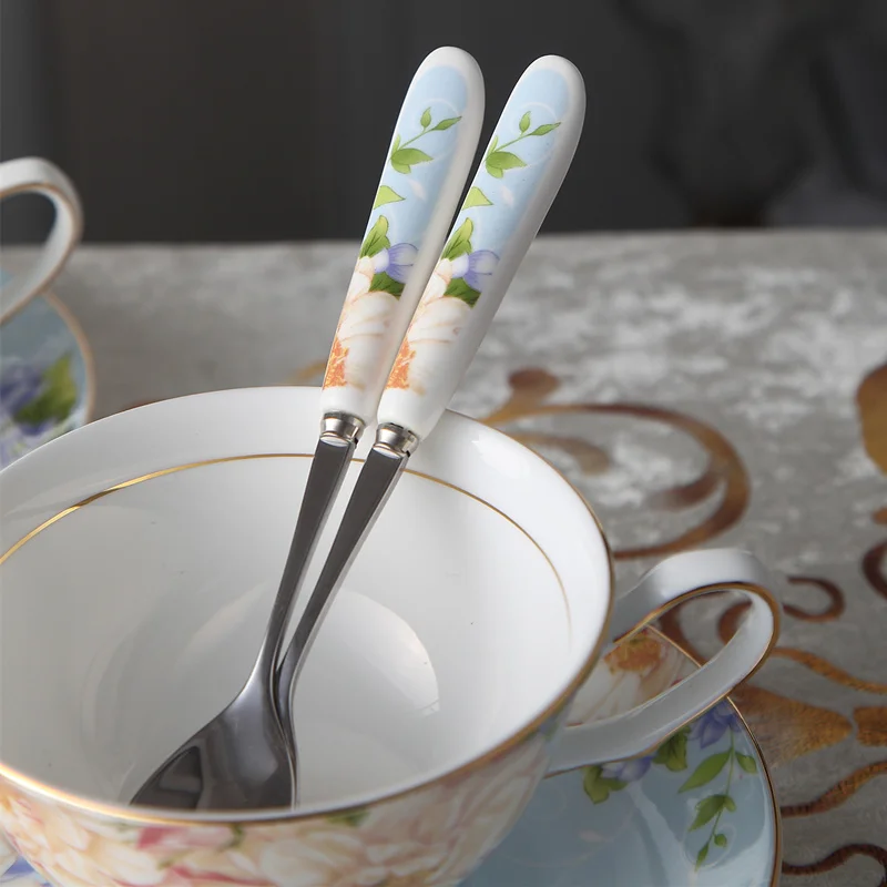 Пасторальный цветочный костяной фарфор чайная чашка блюдце ложка набор