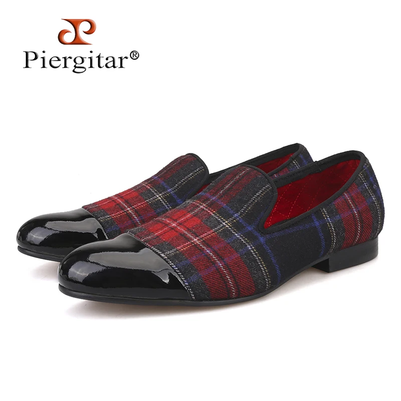 

Piergitar new Handmade men loafers with gingham designs and black leather toe wedding and party slip-on men smoking slippers
