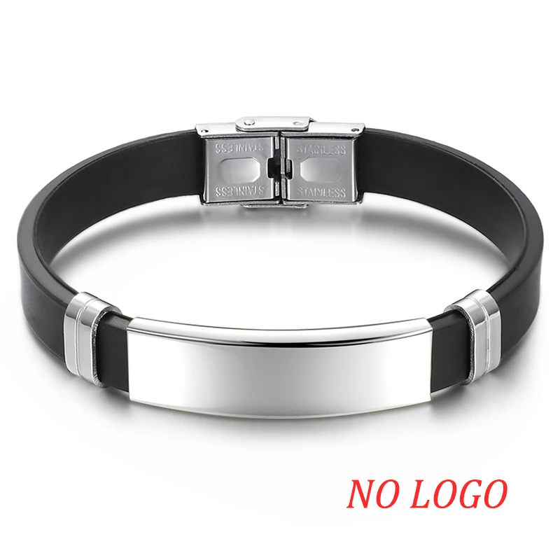 no logo silver AZIZ BEKKAOUI силиконовый Выгравированный кожаный браслет для мужчин DIY черные браслеты из нержавеющей стали модные ювелирные изделия Прямая поставка - Окраска металла: no logo silver