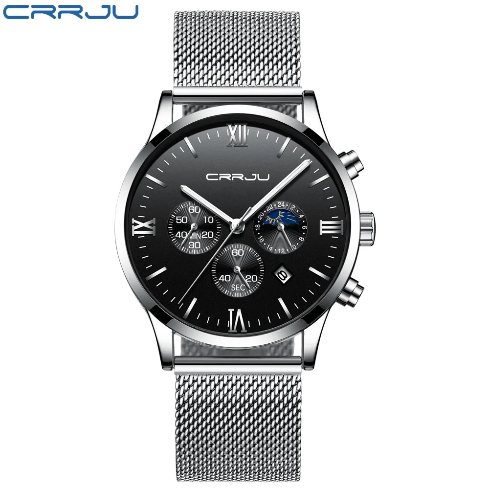 Mesh silver black Мужские кварцевые часы с большим лицом CRRJU бизнес секундомер часы с кожаным ремнем светящиеся мужские Ретро спортивные часы Relogio Masculino - Цвет: Mesh silver black