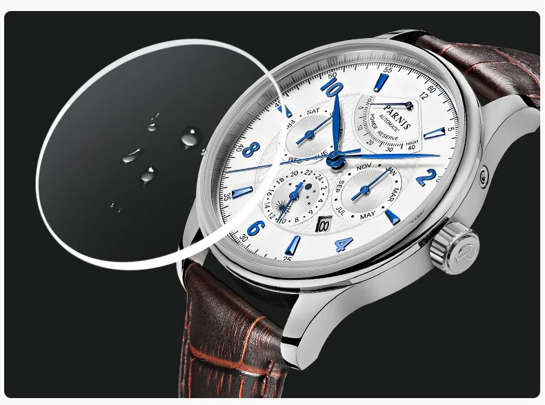 Parnis 42 мм автоматические часы Moon Phase Запас хода Часы мужские роскошные брендовые Топ Miyota механические моталки часы