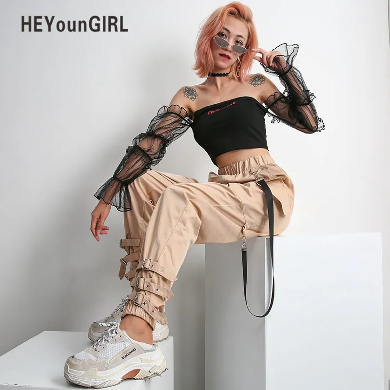 Брюки карго HEYounGIRL Женские Хаки уличная одежда повседневные Капри эластичные