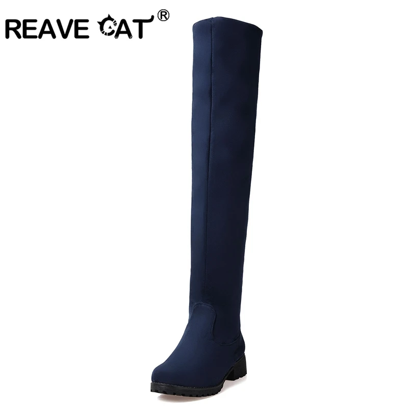 REAVE CAT/Большие размеры 32-43 Для женщин Сапоги выше колена Туфли без каблуков ботинки Sapatos femininos из флока цвет: черный, синий красный мода Повседневное PH049