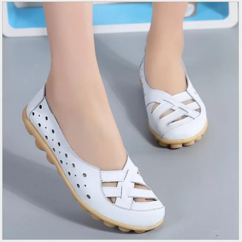 2021 Summer New Fashion Round Toe Women Flats Genuine Leather Loafers Shoes Cut-outs Leisure Flat Woman Casual Shoes