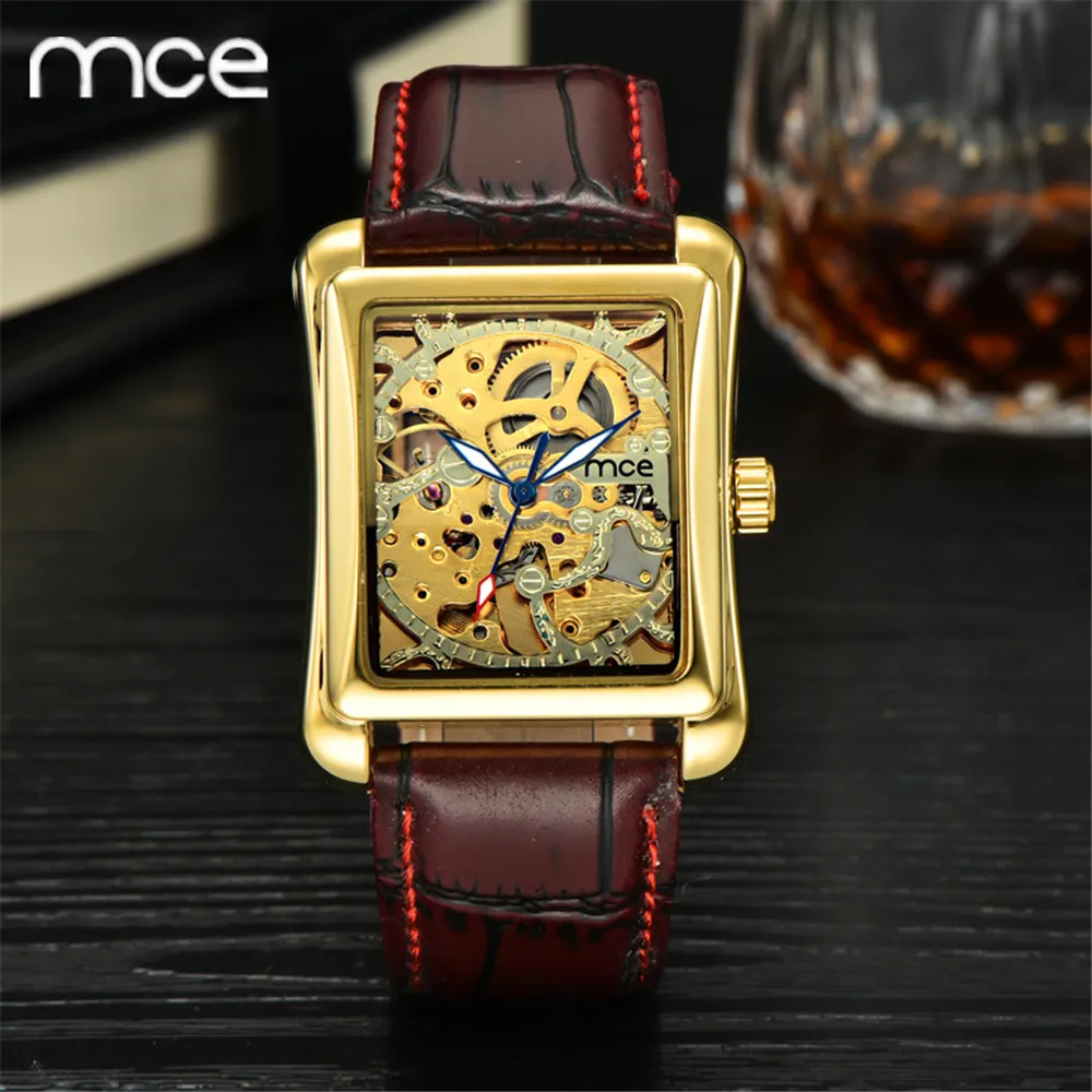 MCE Новый Модный Бренд Женщины Механические часы Ручной Ветер Скелет золотые Для