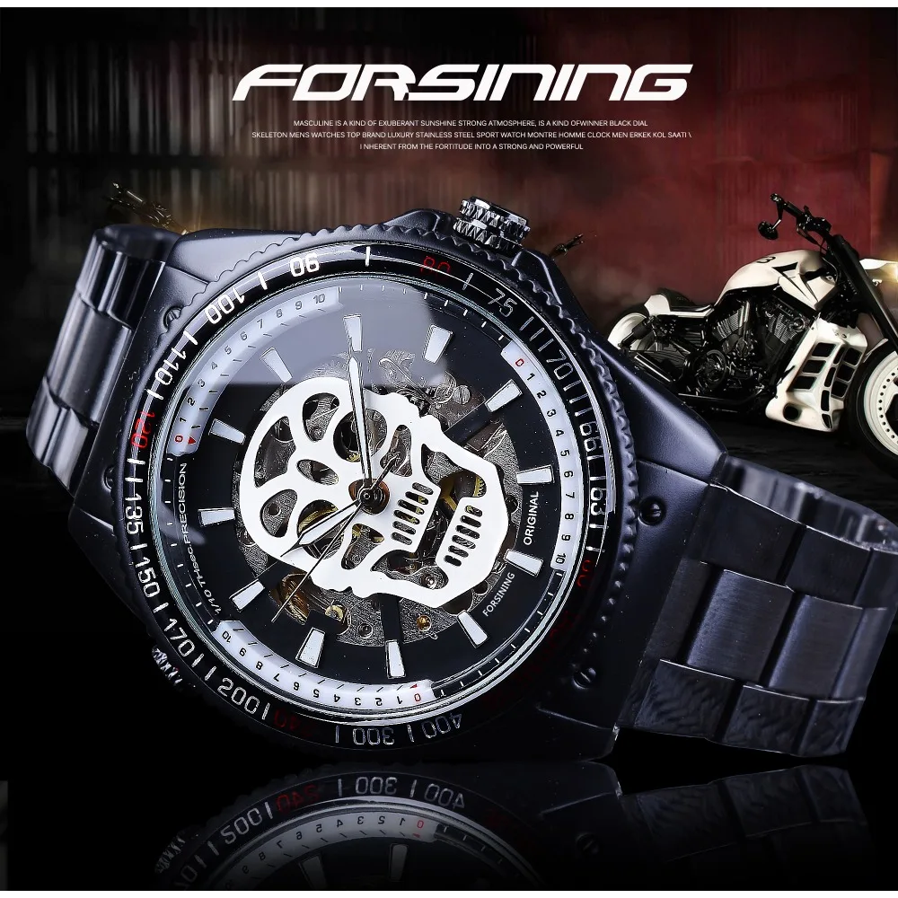 Forsining часы спортивные серии череп светящийся дизайн черный нержавеющая сталь