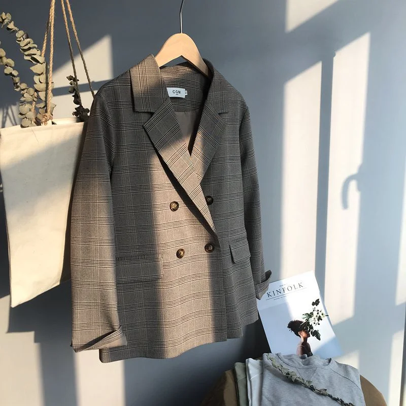 MODISON повседневное Проверьте Блейзер для женщин в Корейском стиле винтаж