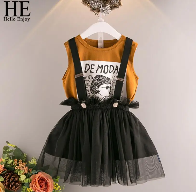 LL1023 yellow HE Hello Enjoy/детская одежда для девочек летние детские комплекты одежды футболка с принтом с героями мультфильмов+ сетчатые юбки на подтяжках одежда для малышей - Цвет: LL1023 yellow