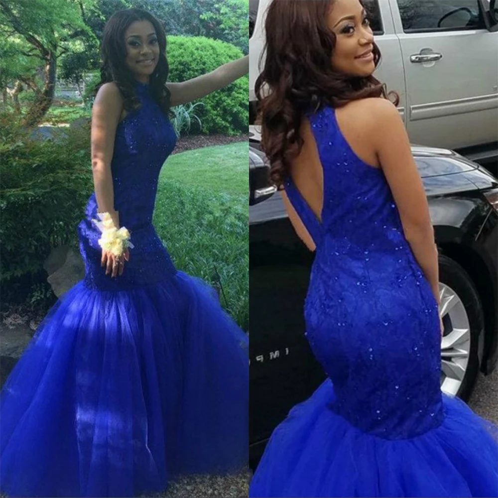 Гламурная Королевский Синий Русалка Вечерние Платья Замочная Скважина