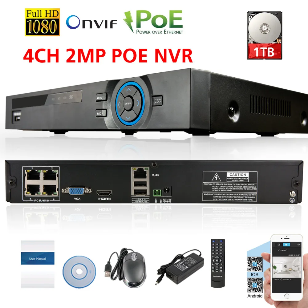 48 В H.264 4 канала 2mp 1080 P PoE NVR Регистраторы 4ch xmeye P2P Onvif сетевой видеорегистратор