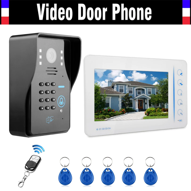 7" Touch LCD Monitor Wired Video Door Phone Intercom Doorbell with 5 PCS RFID Keyfob/Password/Remote control support CCTV |