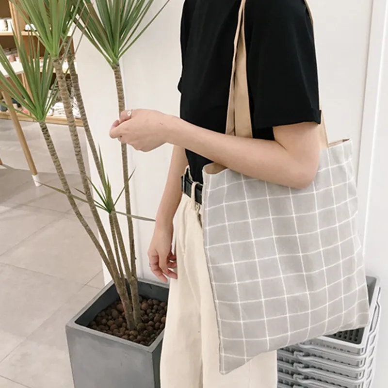 

Fashion Canvas Tote Bag Handmade Plaid Cotton Canvas Shopping Bag School Books Trip package Women Shoulder Shopping Bags