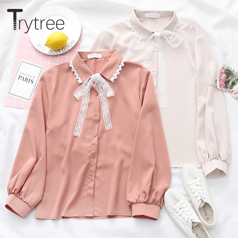Ttytree весенние блузки Повседневная рубашка для женщин кружевной бант отложной