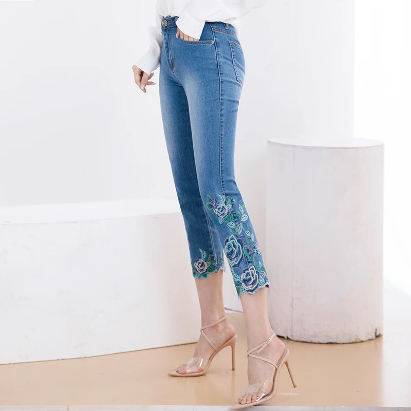 Embroidery Jeans For Women High Waiste Plus Size Fashion skinny Quality Mom Denim pencil Pants |