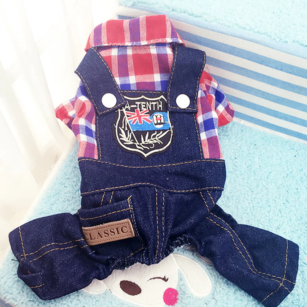 Милый плед Стиль Denim Pet Комбинезоны для малышек щенок джинсовые комбинезоны