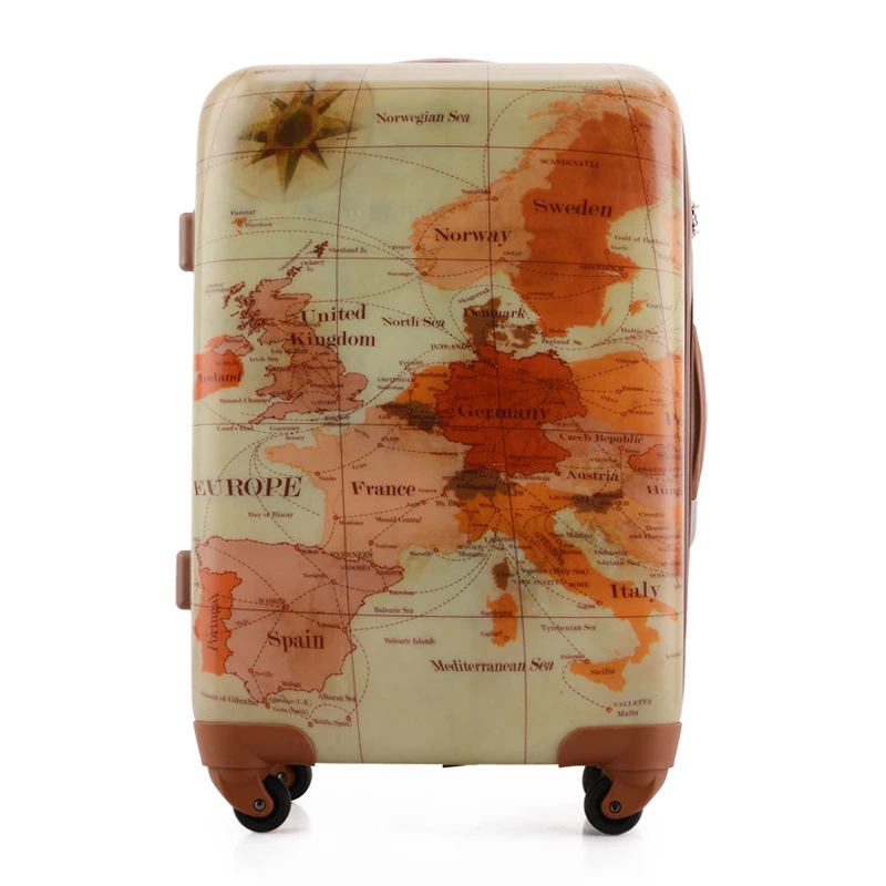 Men and Women Map Travel Suitcase&Vintage Trolley Luggage Travel Bag ABS+PC Universal Wheels Luggage 20