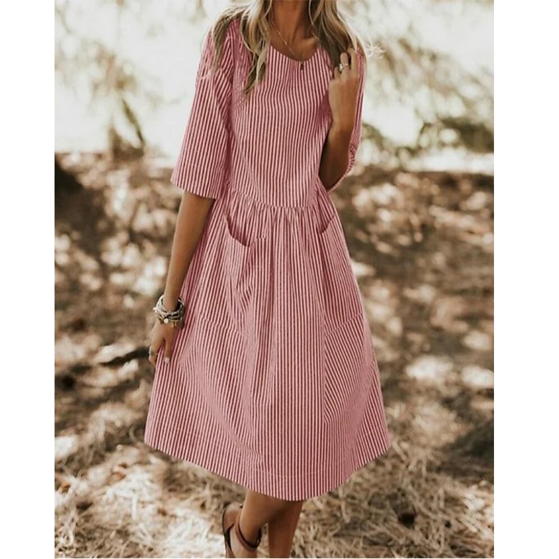 Женское летнее элегантное платье с круглым вырезом рукавом до локтя карманами