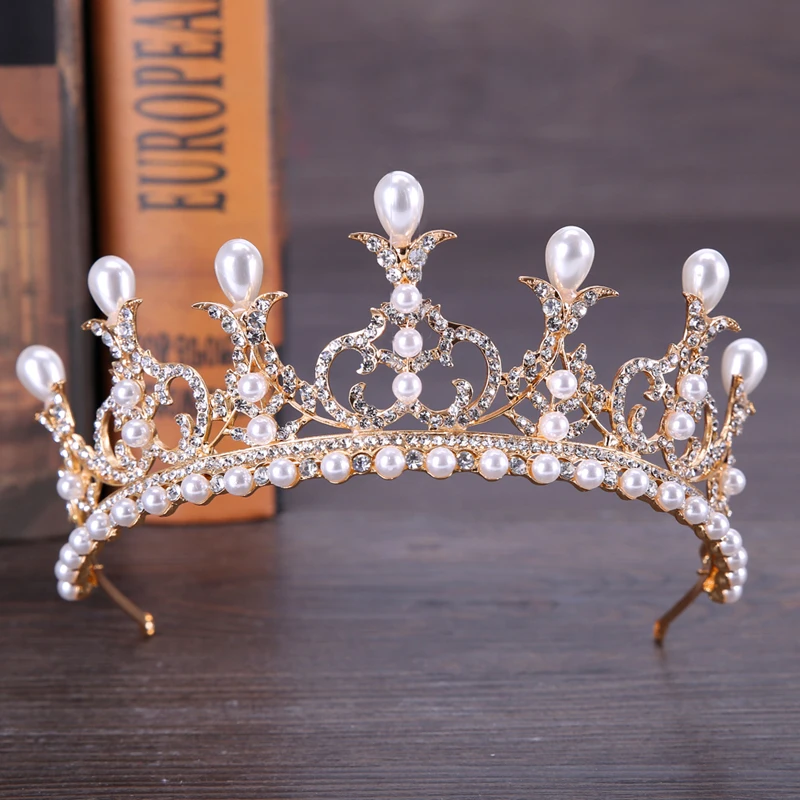 Роскошная свадебная тиара Стразы серебряного цвета корона с жемчугом королева - Фото №1