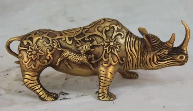 

10''Superb Handmade Copper Rhinoceros Dragon Flowers Statue