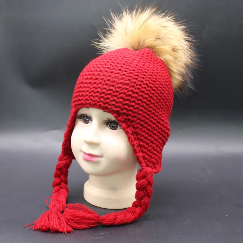 

Unique Design Girls Fur Pom Poms Winter Hat Wool Knitted Bomber Hat Crochet Baby Hats Baby Products Beanie Apparel Accessories