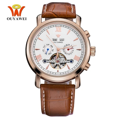 Rose Gold White Люксовый бренд, OUYAWEI, автоматические часы, мужские наручные часы, модные водонепроницаемые часы, мужские Аналоговые часы с кожаным ремешком - Цвет: Rose Gold White