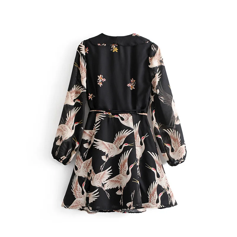 ЛИВА девушка Для женщин цветок кран Print Maxi Wrap Dress Длинные рукава Винтаж Птица узор