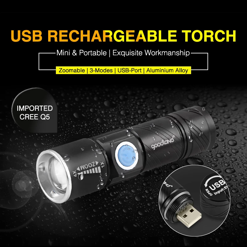 Светодиодный USB фонарик Goodland перезаряжаемый светодиодный Q5 высокой мощности