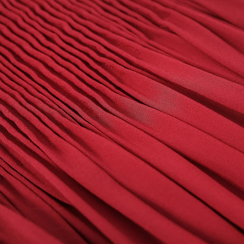VOA Heavy Silk Red Pleated Retro Dresses Women Midi Party Dress Autumn Long Sleeve Vintage Large Size Elegant Slim A10015 | Женская