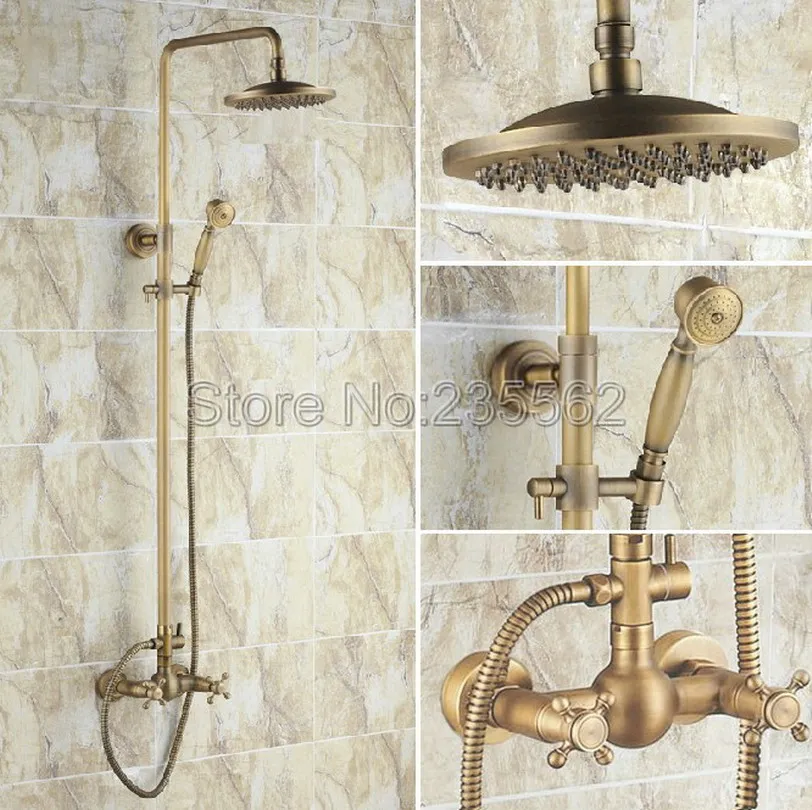 

Retro Rain Shower Faucet Set 8 inch Shower Head + Handheld Shower Antique Brass Finish Wall Mount Bathroom Shower Faucet lrs008