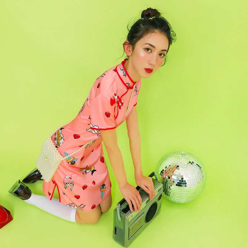 SWEETXUE розовый китайский Стиль улучшенная Cheongsam модное мини-платье 2019 Сезон лето