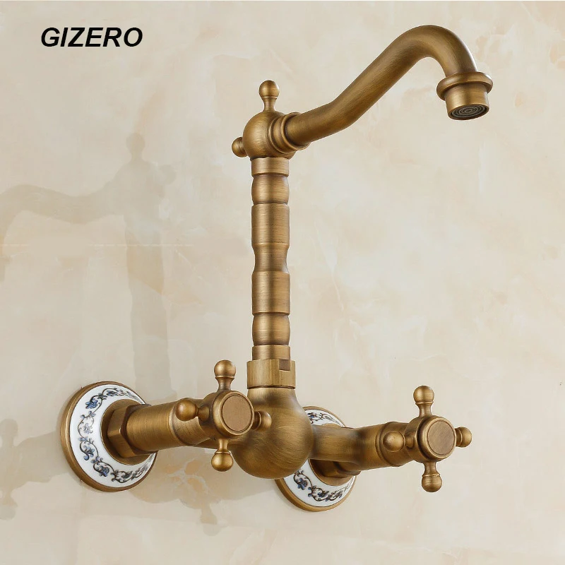 Античный латунный классический поворотный кран с двойной ручкой кухонный