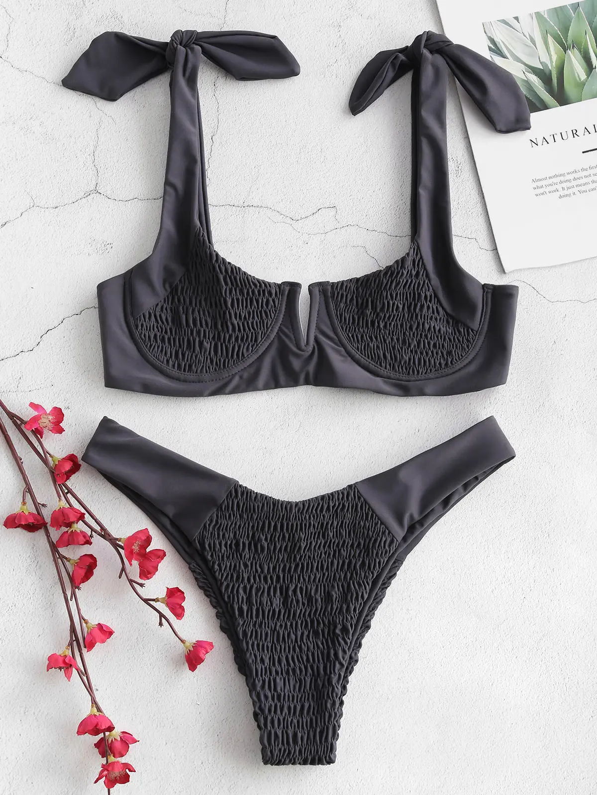 Slate Grey Bikini ZAFUL Shirred Underwire Bikini V Cut Bikini Set Scoop Neck Unlined Bikinis Mujer Sexy Thong Swimsuit Women Biquini - Цвет: Slate Grey Bikini
