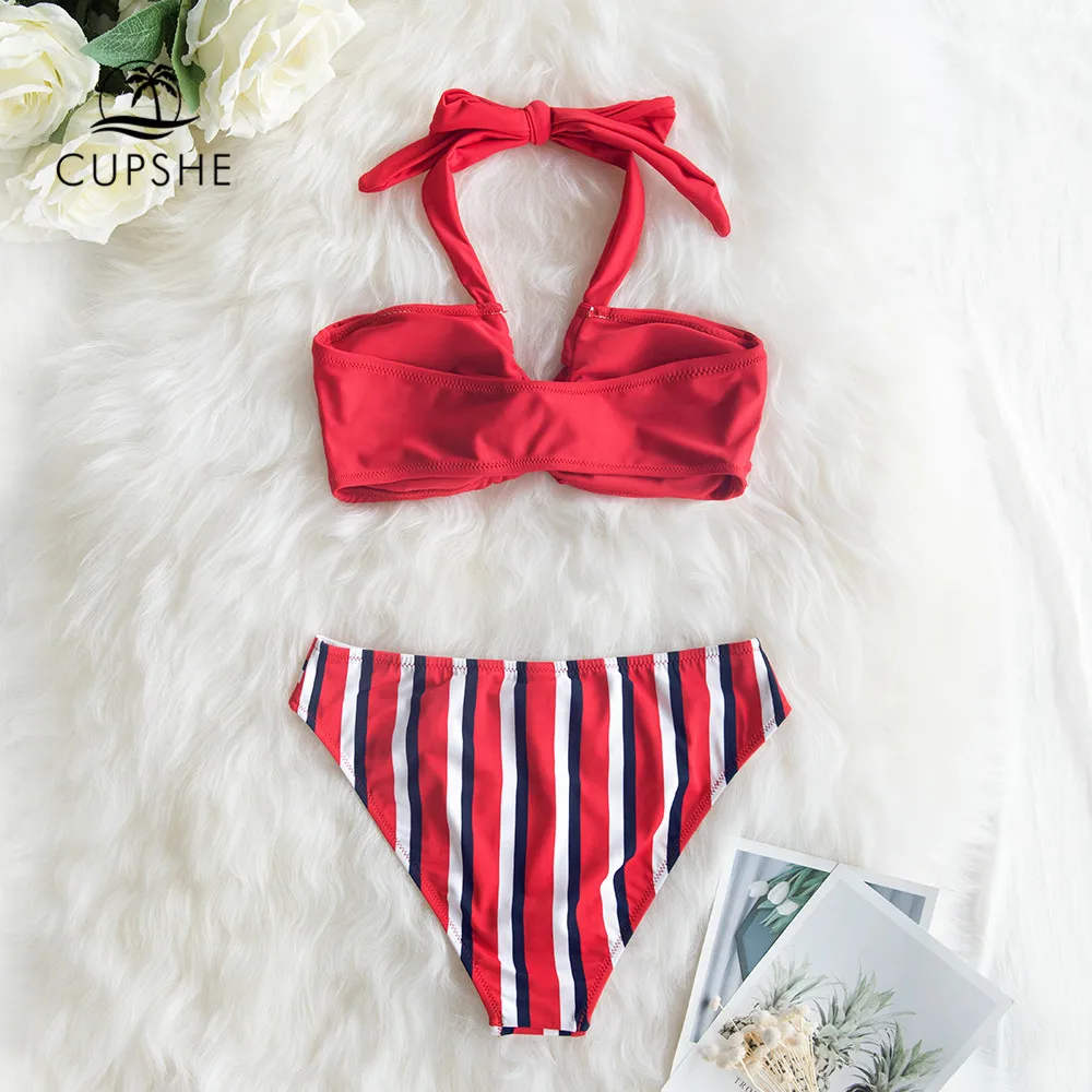 CUPSHE Красный Холтер бикини с полосой печати снизу сексуальный кружевной бандо