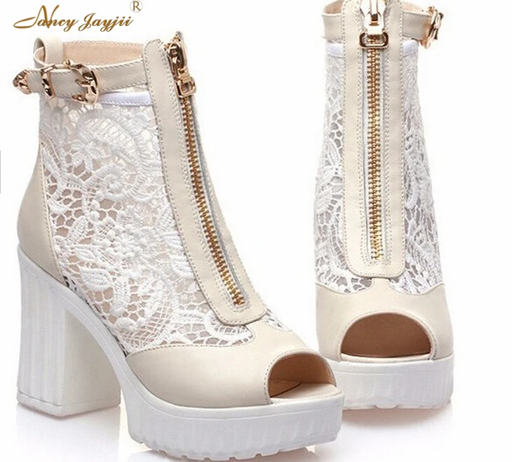 

2022 Summer Thick Heel Heels Lace Decoration Women Shoes Woman Sandals Peep Toe Platforms Size 4-16 Casual Party Evening Booties