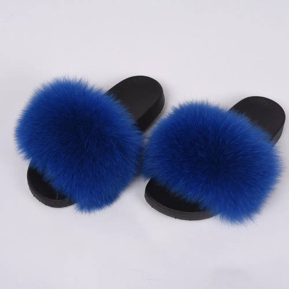 Royal Blue Тапочки с натуральным лисьим мехом; женские роскошные пушистые шлепанцы; большие пушистые меховые шлепанцы для дома; модный стиль; S6018 - Цвет: Royal Blue