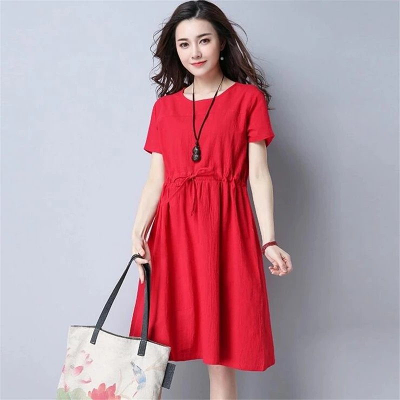 2017 повседневные однотонные льняной сарафан Laides Одежда с круглым вырезом женские