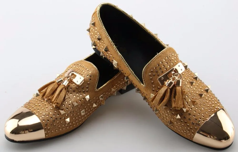 

Туфли мужские из натуральной кожи, официальная обувь, бахрома, металлический носок, золотые заклепки, кристаллы, для вечеринки, свадьбы, зам...