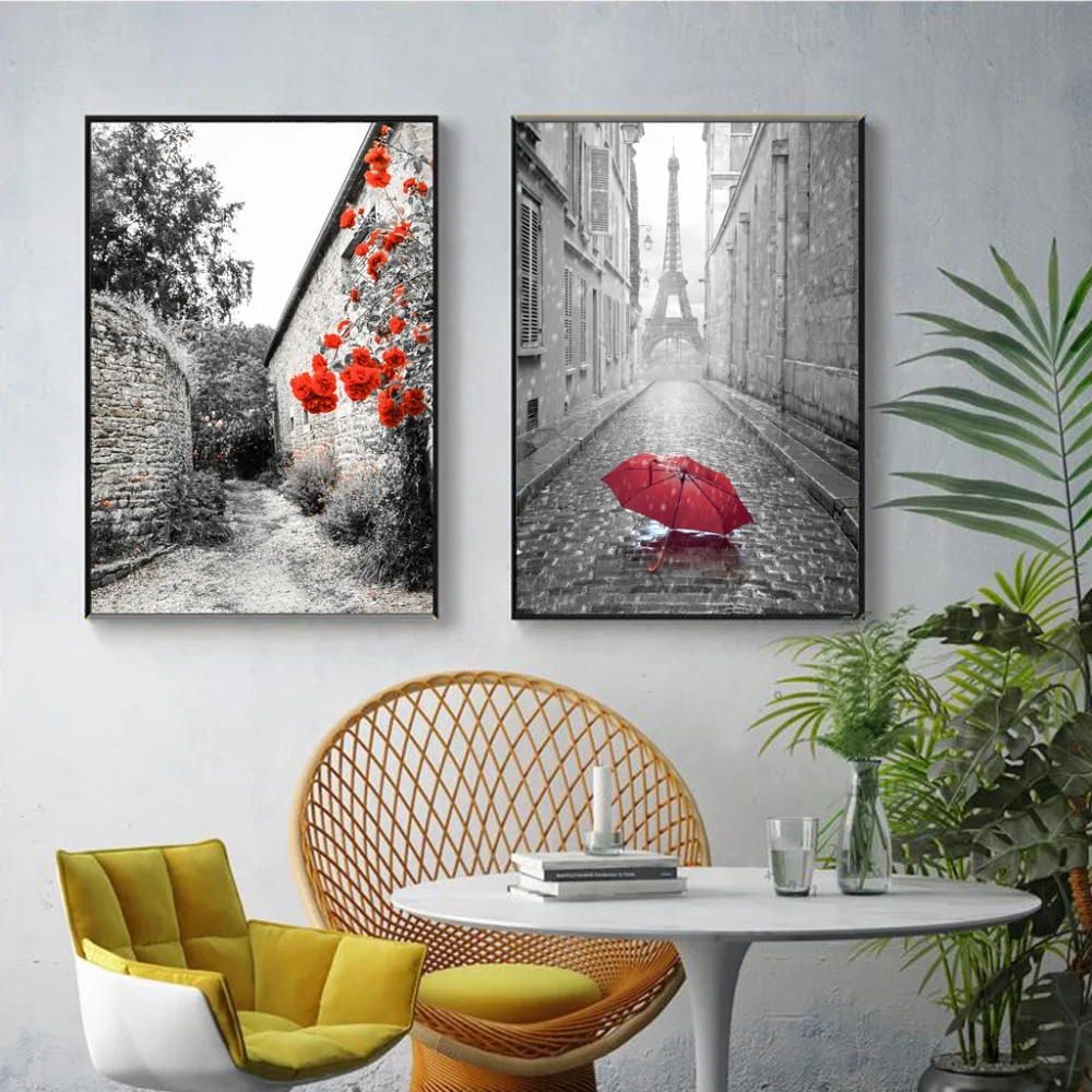 Gohipang Черно-Белая Башня красный зонт холст живопись Парижская улица настенный