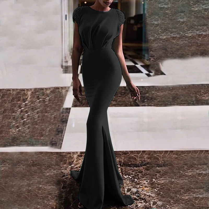 Элегантный Для женщин платье длиной до пола с круглым вырезом короткий рукав