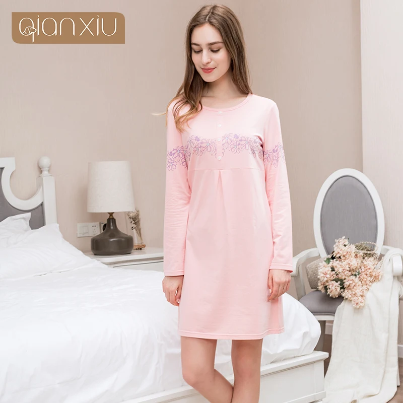 Qianxiu ночная рубашка для Для женщин с длинным рукавом длиной до колен пижамы из