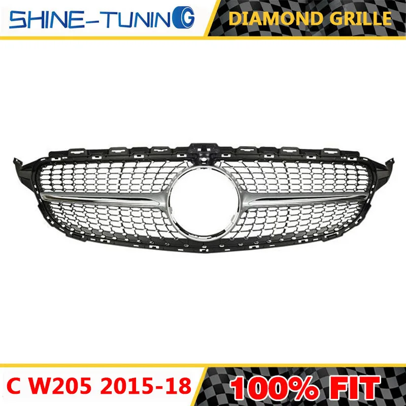 Передняя Алмазная решетка подходит для mercedes C Class w205 c63 решетка+ C450 C250 C180 C200 C220 без центрального логотипа - Цвет: Silverwith camera 15
