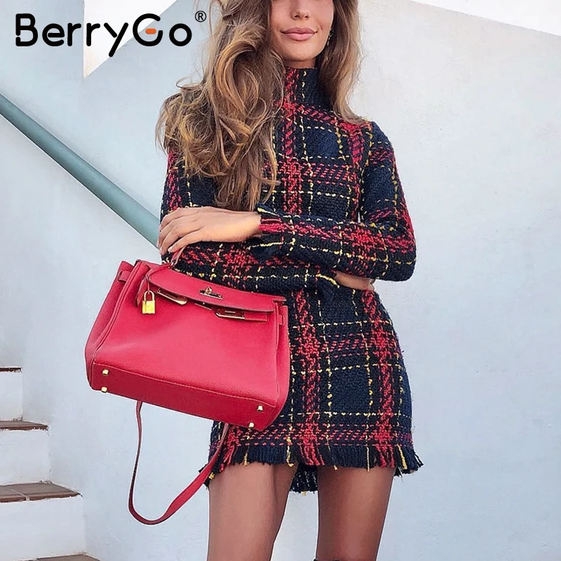 Berrygo элегантное клетчатое офисное женское твидовое короткое платье Повседневное