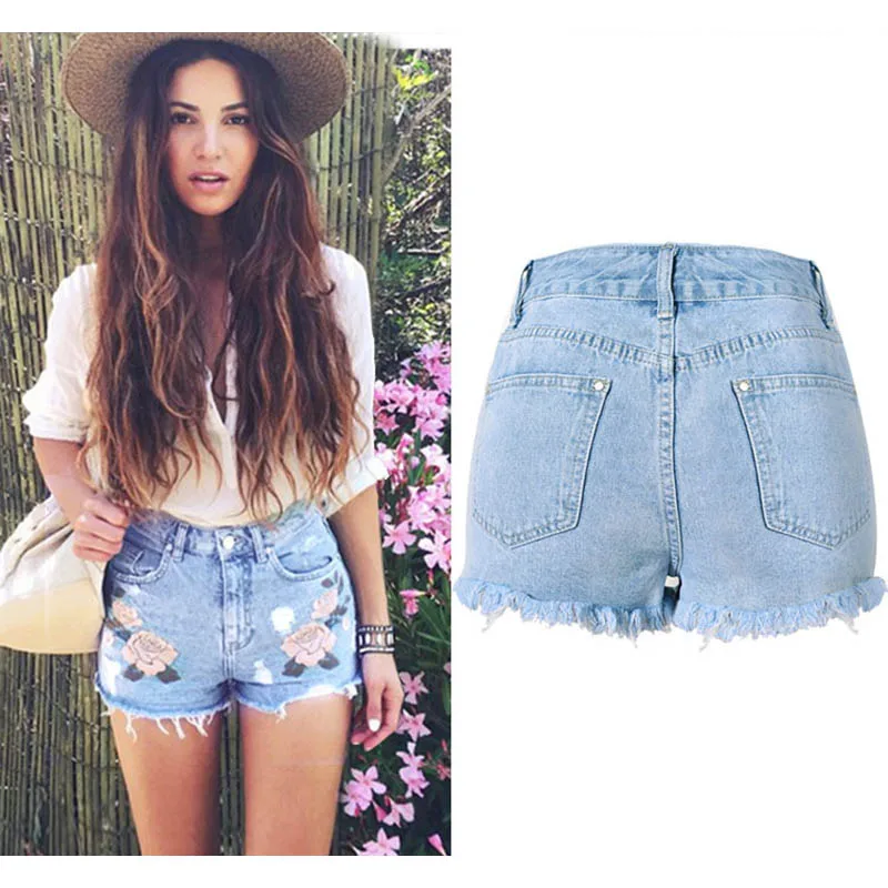 Женские летние джинсовые шорты Schinteon с вышивкой облегающие рваные высокой талией