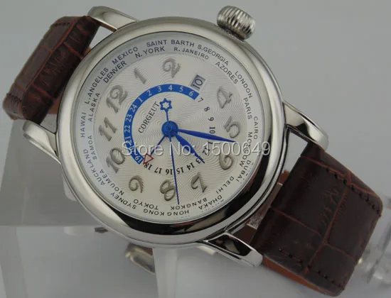 Corgeut 43 мм полированный корпус из нержавеющей стали белый циферблат 1 2 3 4 5 6 7 8 9 10 11 12