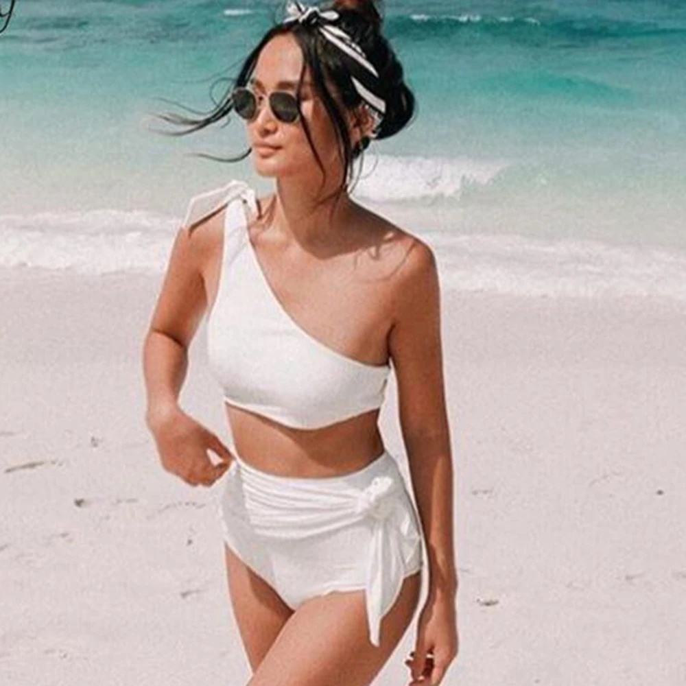 Women high waist bikini off shoulder swimsuit strappy bow swimwear waisted women sexy biquini ruffled | Женская одежда